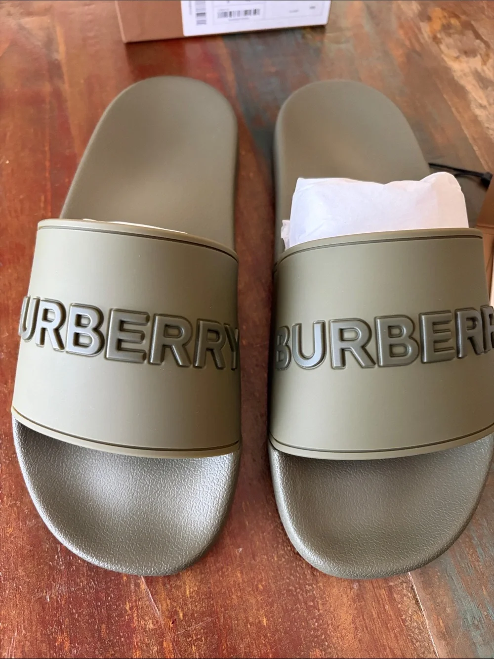 NWT Burberry Furley Olive Green Logo Slide Sandals size 42